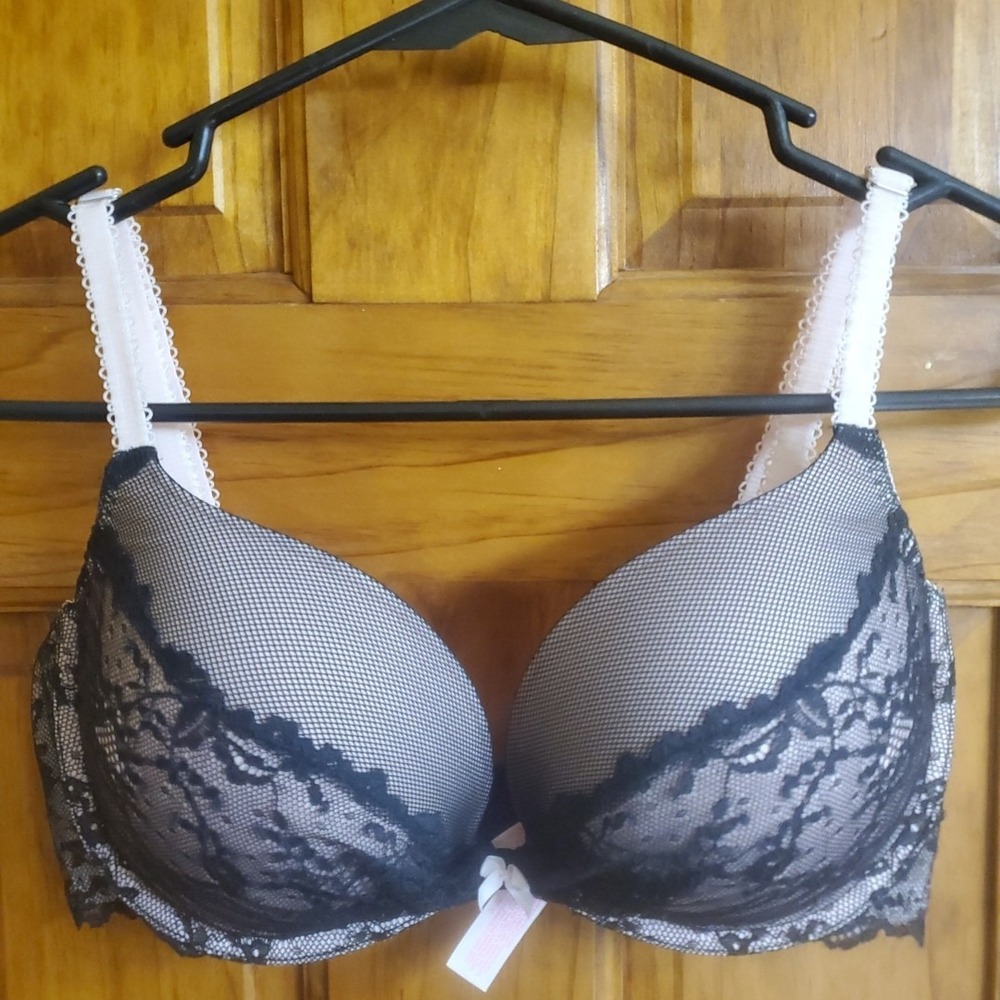 Victoria's Secret 34D Padded Demi Bra Women Black Pink Floral Lace Mesh Overlay